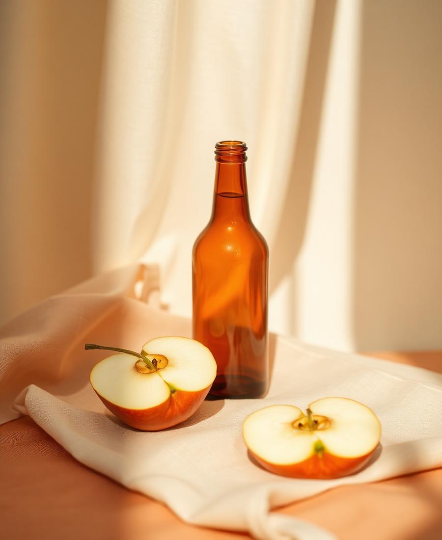 Manzana cortada y botella ámbar sobre lino, luz cálida