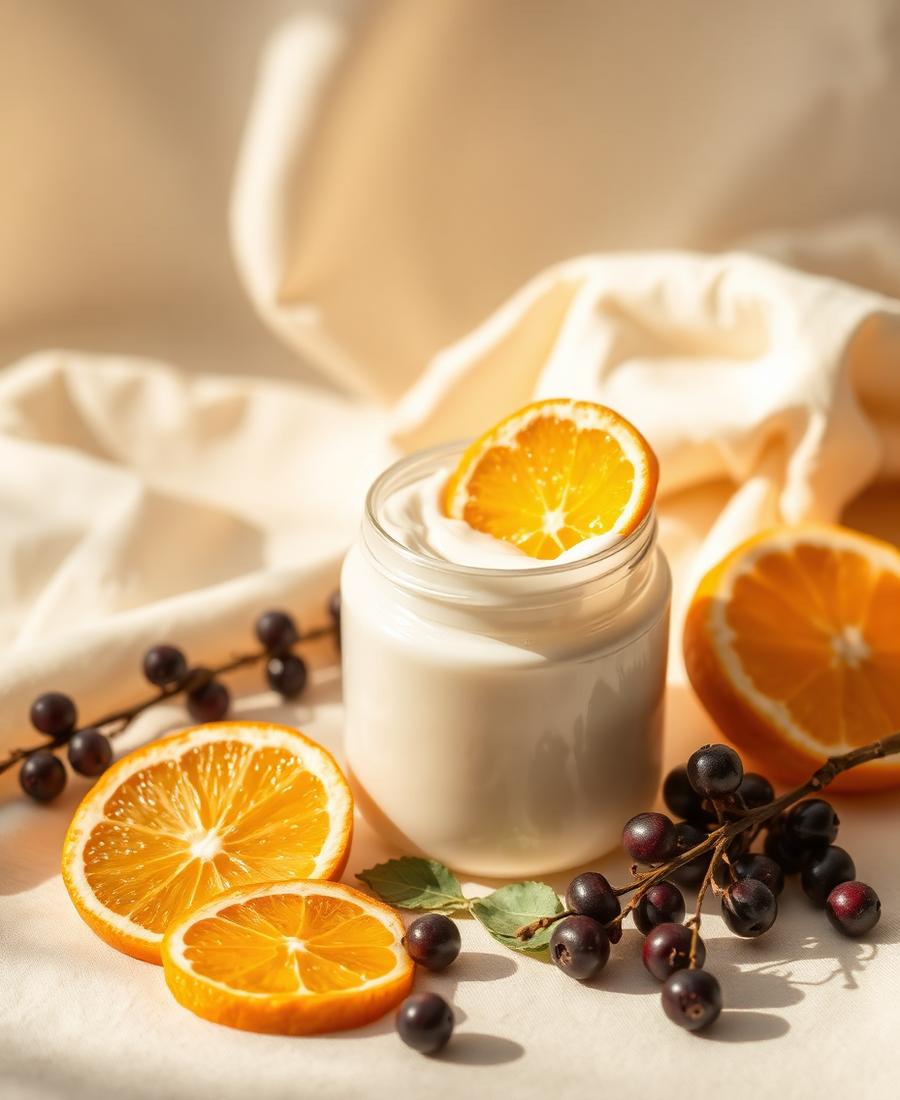 Cítricos y frutos oscuros junto a un frasco claro, luz dorada