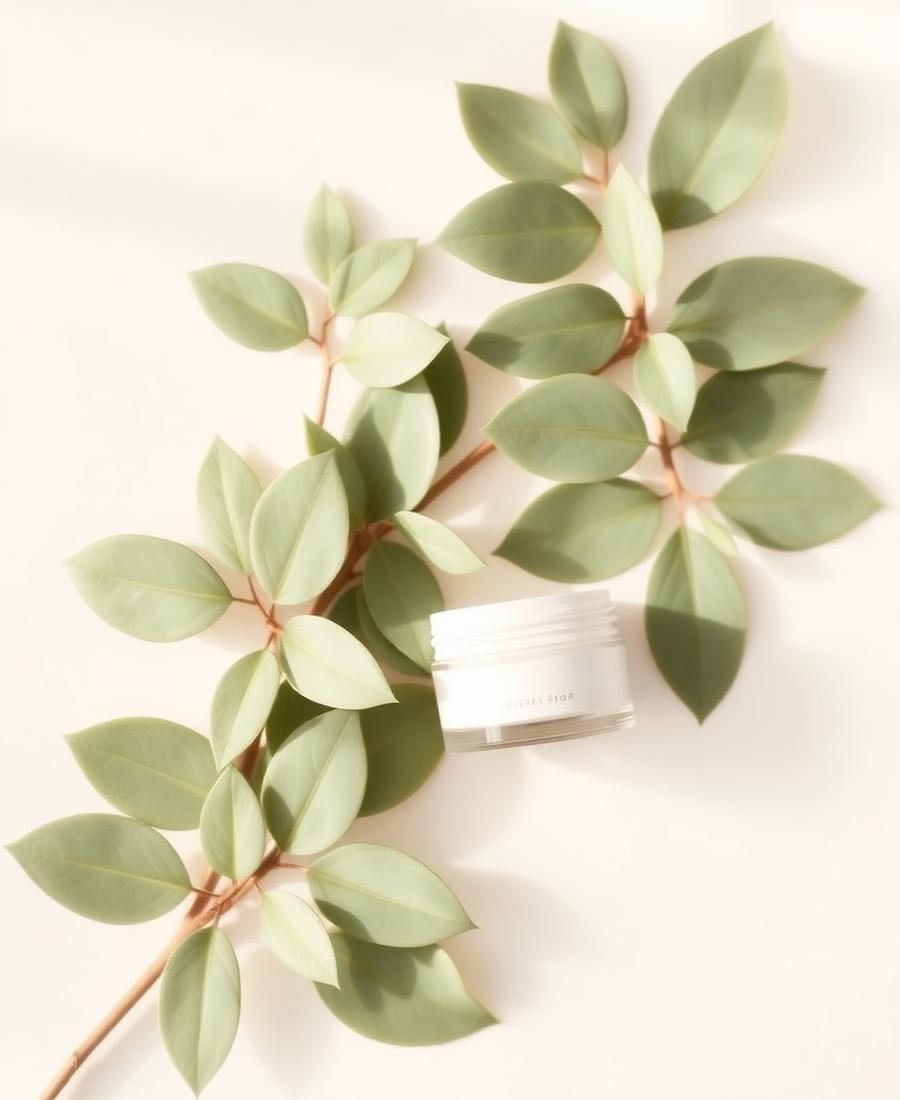 Hojas verdes suaves junto a un frasco minimalista color crema