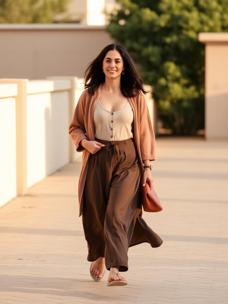 Mujer caminando al aire libre con luz cálida